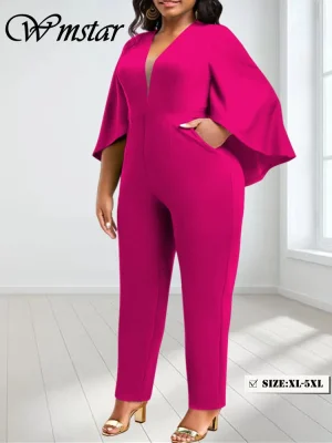 Plus Size Solid Flared Romper Jumpsuit – V-Neck Half Sleeve