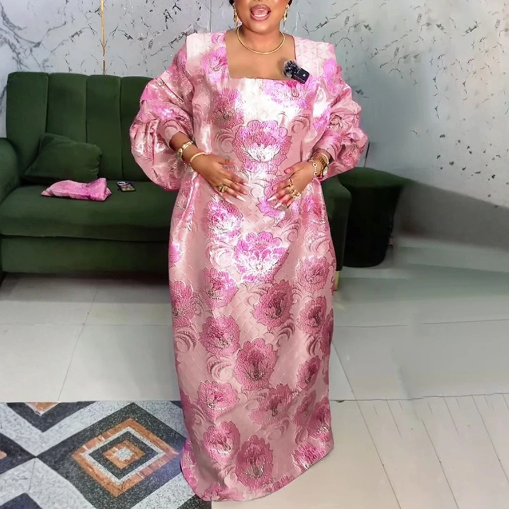 Women’s Embroidered Floral Bubu Dress with Square Collar & Lantern Sleeves - Image 2