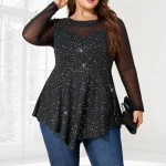 Plus Size Sheer Mesh Shiny Long Sleeve Tunic Top