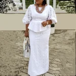 Elegant African Fashion 2-Piece Dress Set – Retro Embroidery & White Skirt