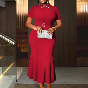 Elegant Red Mermaid Dress with Diamond Waist Belt