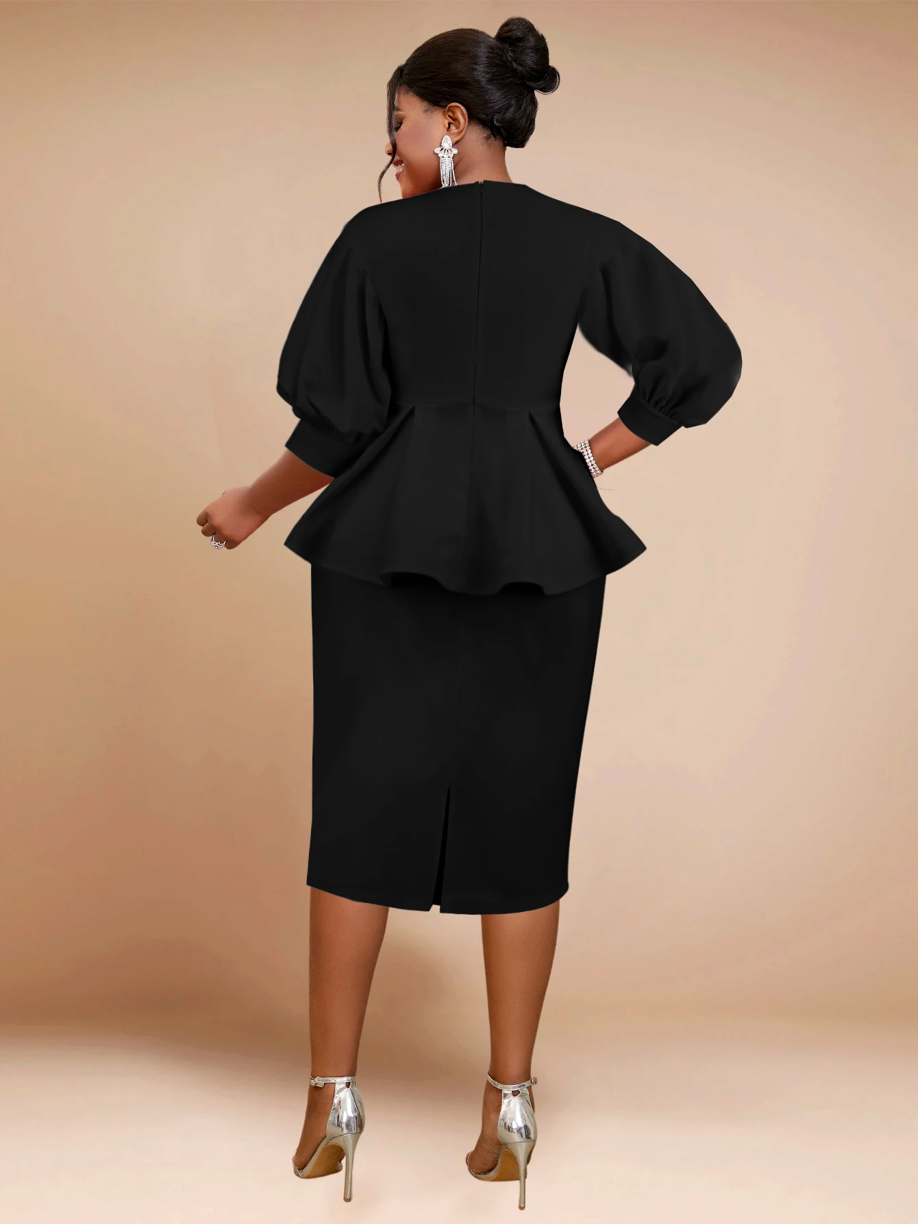Women’s Elegant Midi Dress – V-Neck, Embroidered Peplum & Puff Sleeves - Image 2