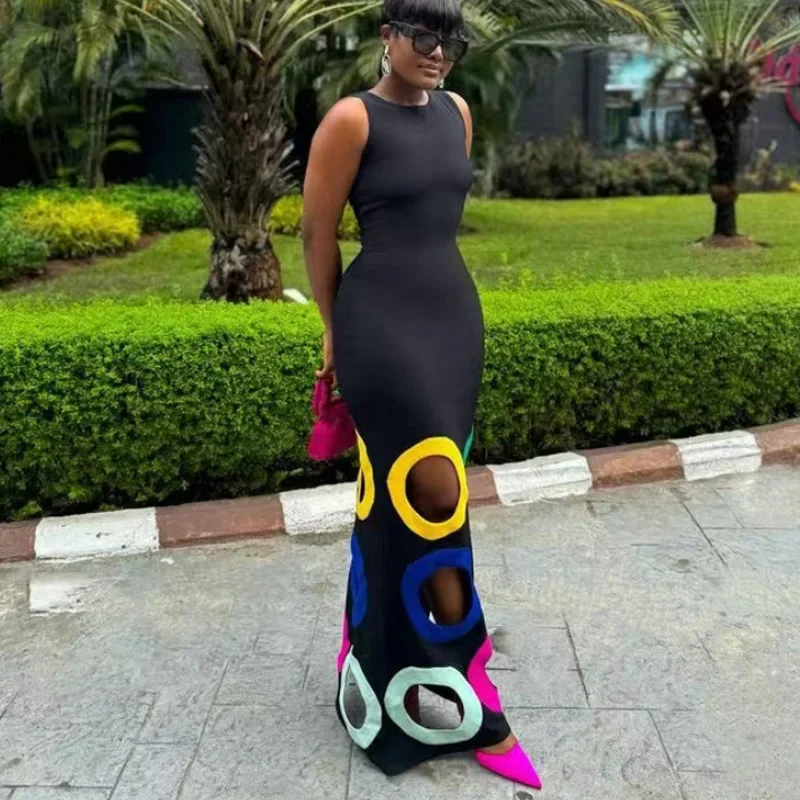 African Fashion Colorful Hollow-Out Sleeveless Summer Dress