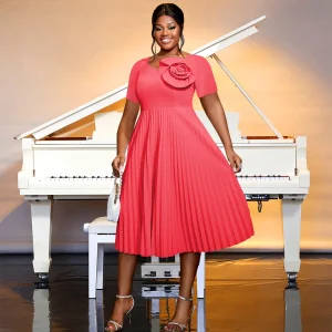 Elegant A-Line Midi Pleated Dress with Square Collar & 3D Flowers