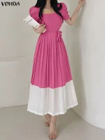 VONDA Women’s Patchwork Maxi Dress – Puff Sleeve Belted Sundress