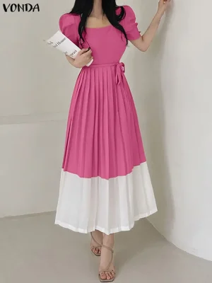 VONDA Women’s Patchwork Maxi Dress – Puff Sleeve Belted Sundress