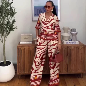 New Fashion Printed Women’s Two-Piece Set – Short Sleeve Shirt & Wide Leg Pants