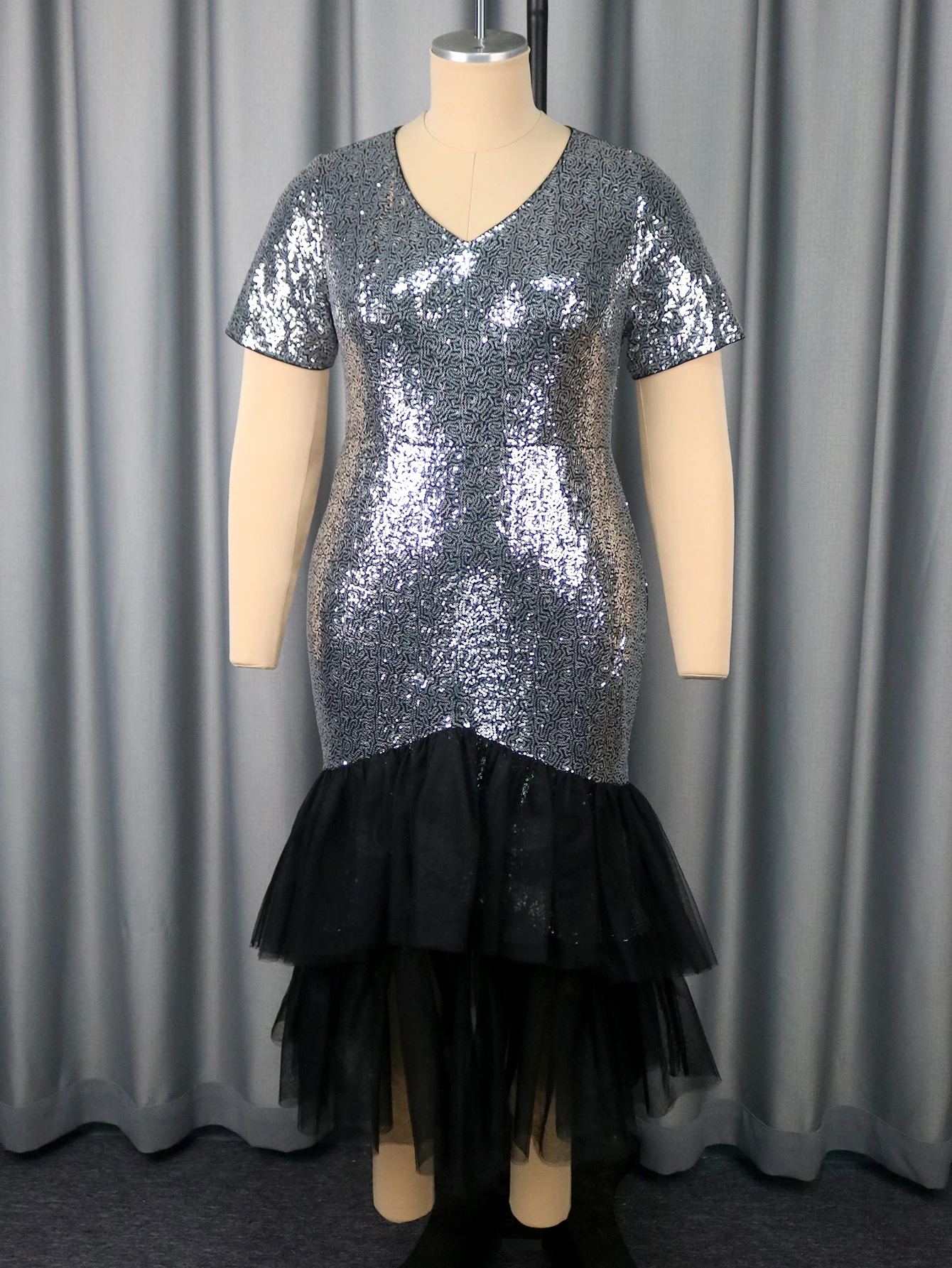 Silver Sequin Mermaid Dress with Black Tulle Hem - Image 4