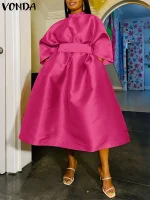 VONDA Plus Size Belted Midi Dress – 3/4 Sleeve Elegant Sundress