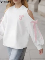 Plus Size Women’s Off-Shoulder Bow Blouse – Autumn Loose Tunic