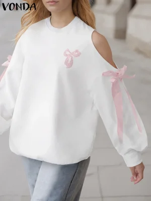 Plus Size Women’s Off-Shoulder Bow Blouse – Autumn Loose Tunic