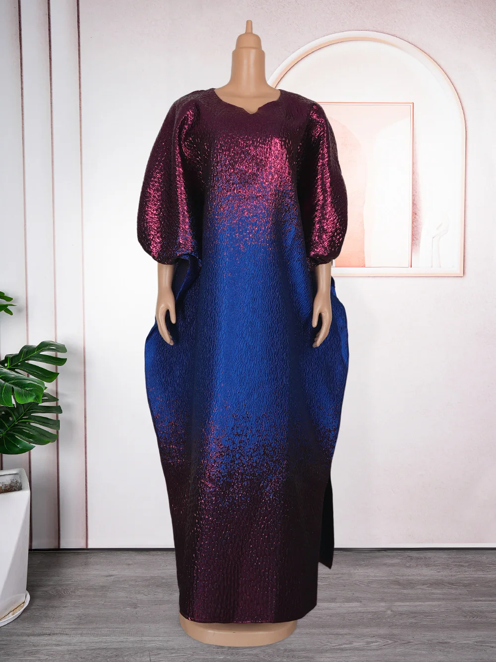 Women’s Modest Color Block Satin Bubu Dress – V-Neck, Half Sleeve, Side Slit - Image 2
