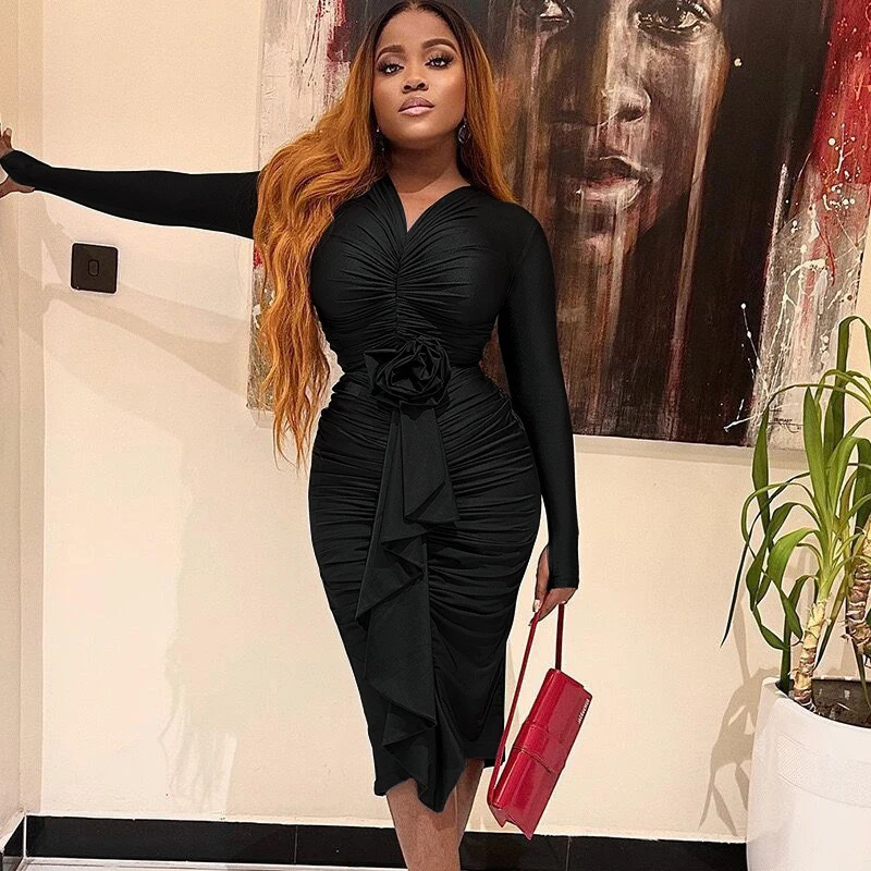 African Fashion Autumn Rose Ruched Long Sleeve Bodycon Dress - Image 3