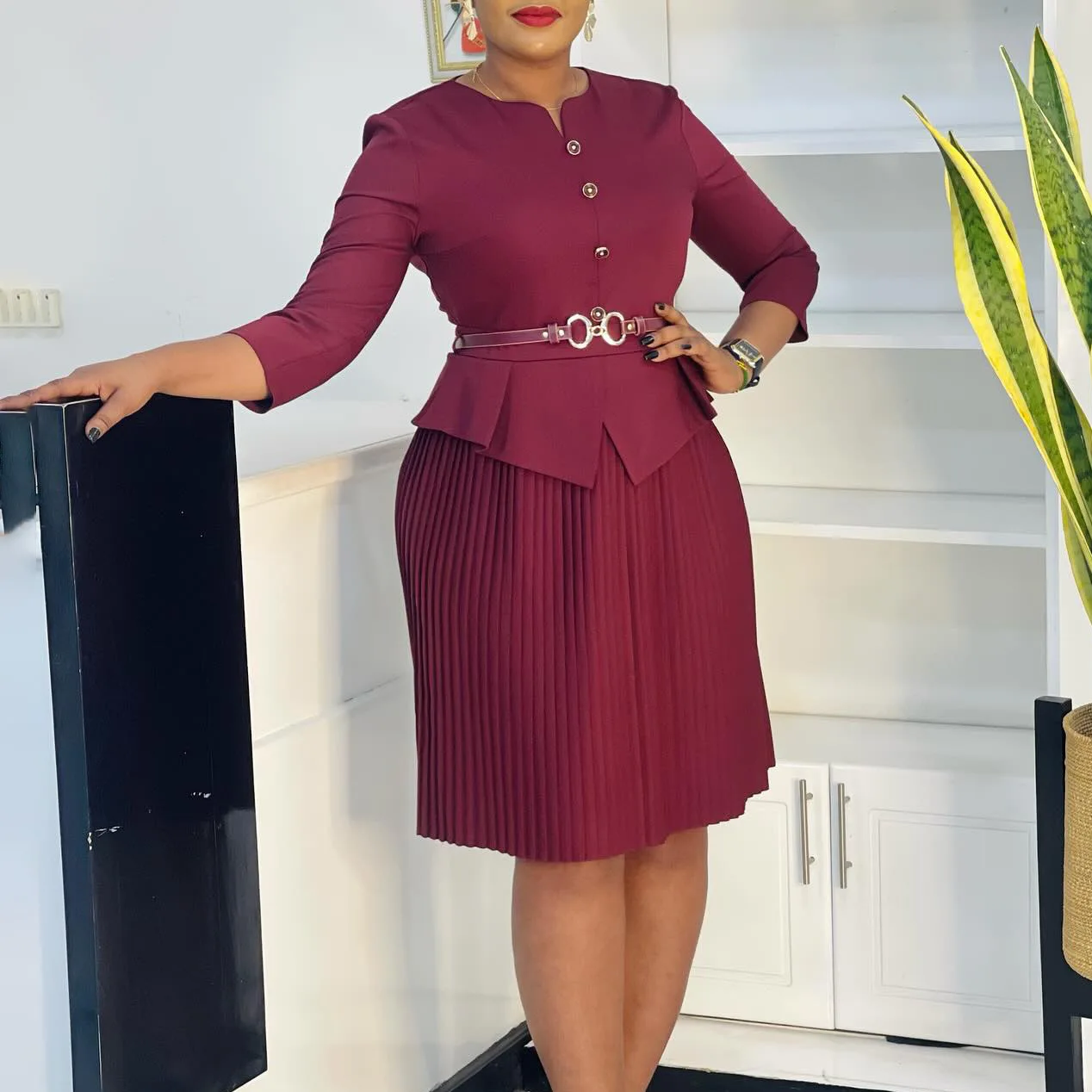 Elegant Peplum Work Dress with Waist Belt