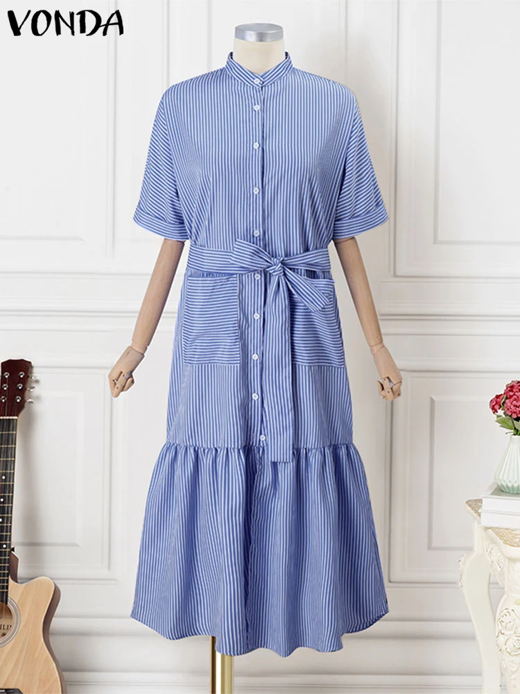 2025 VONDA Autumn Shirt Dress – Casual Striped Maxi Dress - Image 3