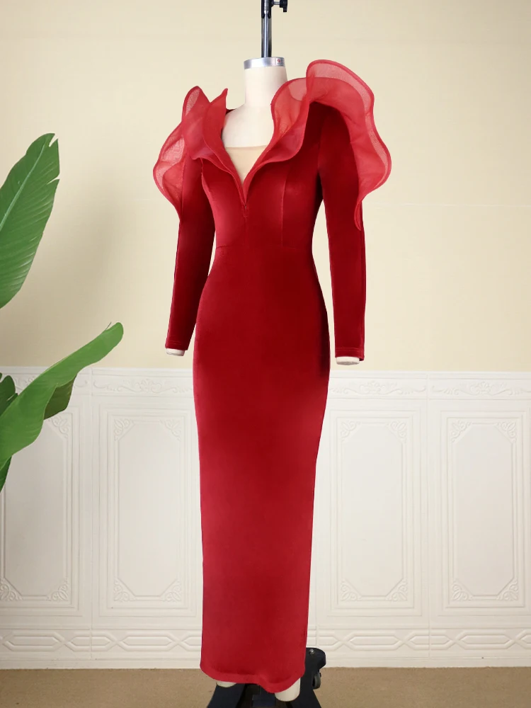 Red Velvet V-Neck Party Dress - Image 5