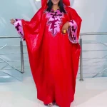 Women’s Embroidered Bubu Dress – V-Neck, Batwing Sleeves