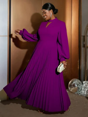 Brown Long Pleated Dress with Cut-Out & Lantern Sleeves