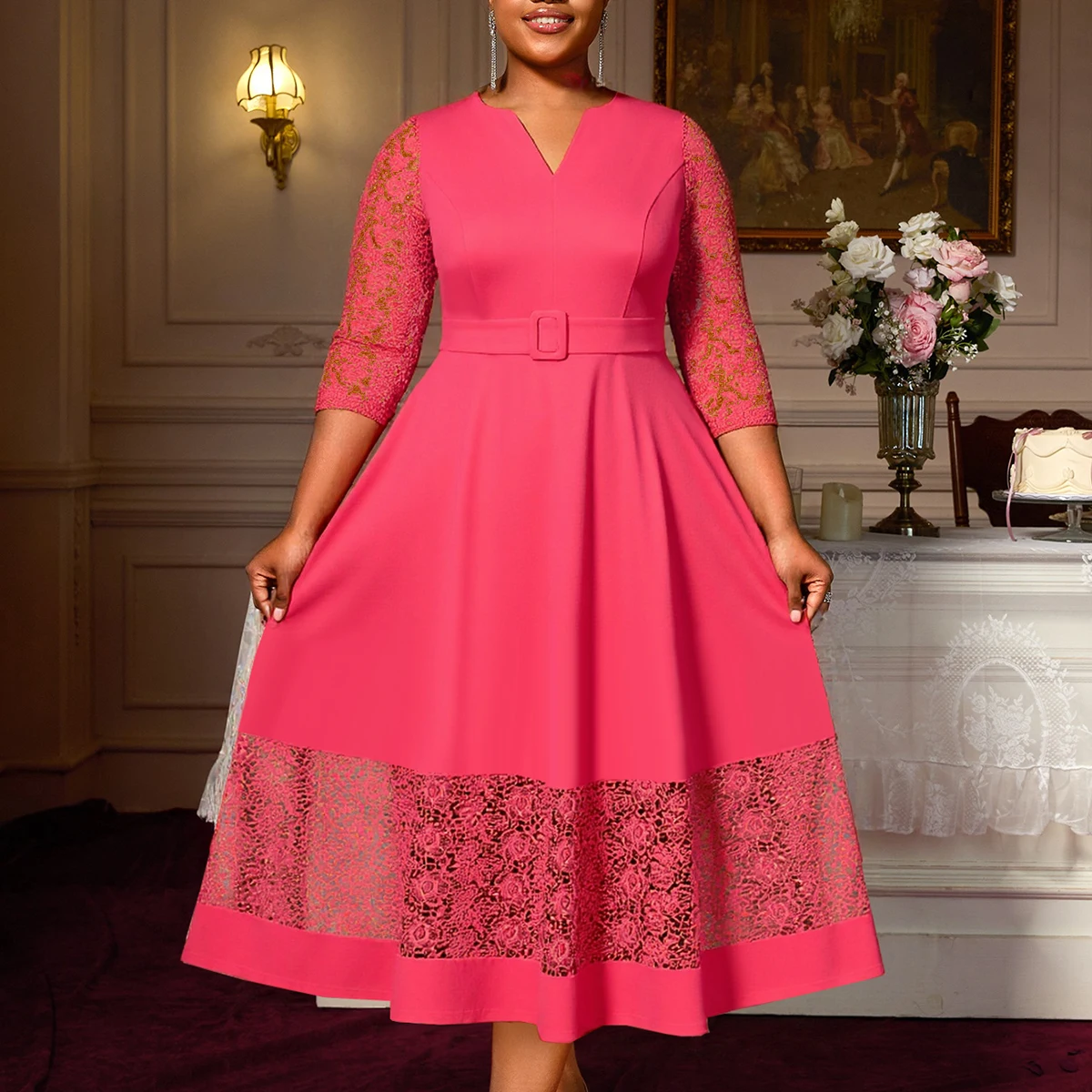 Elegant A-Line Lace Dress with Waist Bel