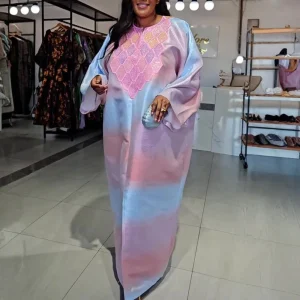 Women’s Modest Rhinestone Kaftan Bubu Dress – African Long Gradient Gown with Embroidery & Side Slit