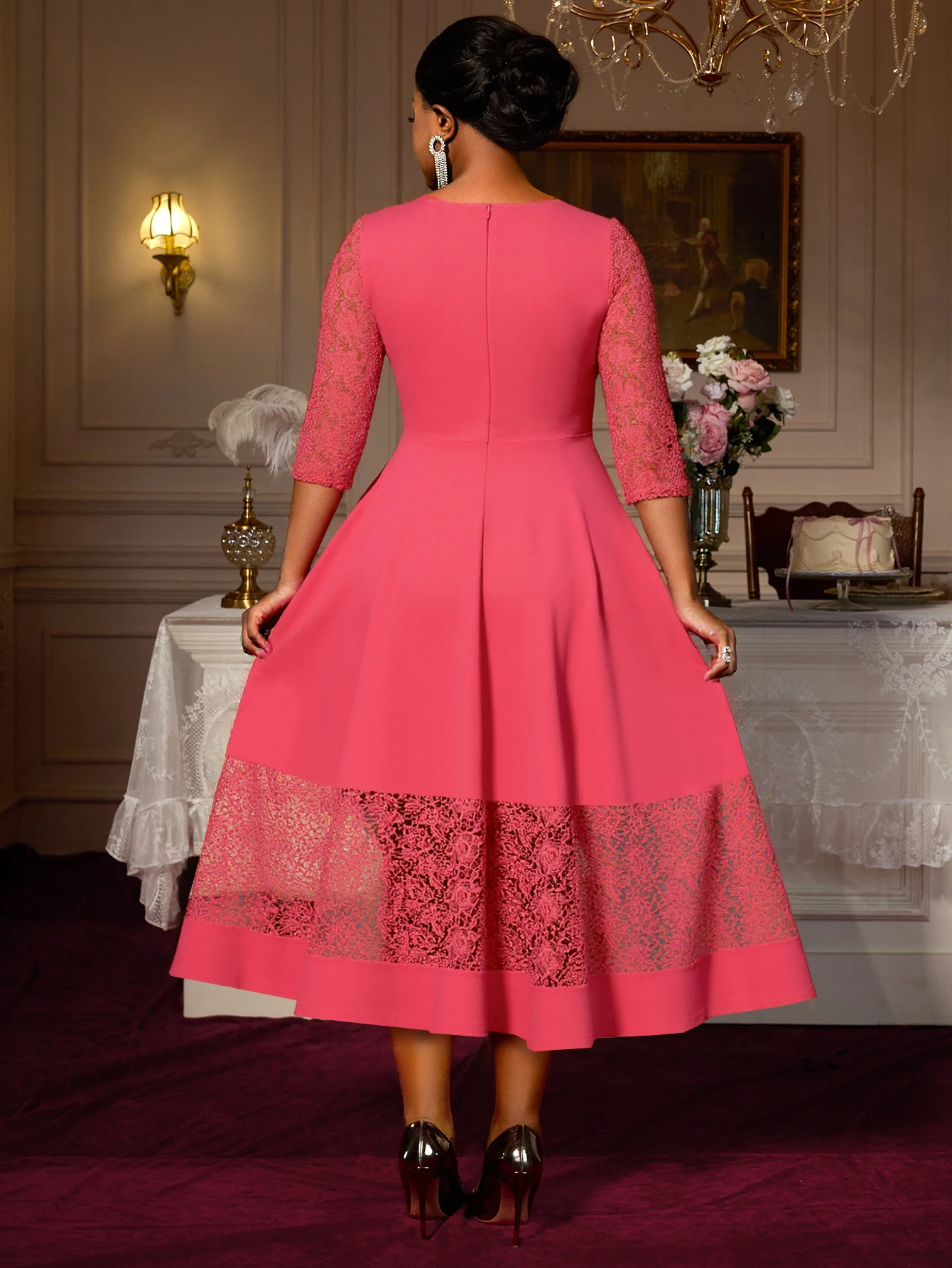 Elegant A-Line Lace Dress with Waist Bel - Image 2