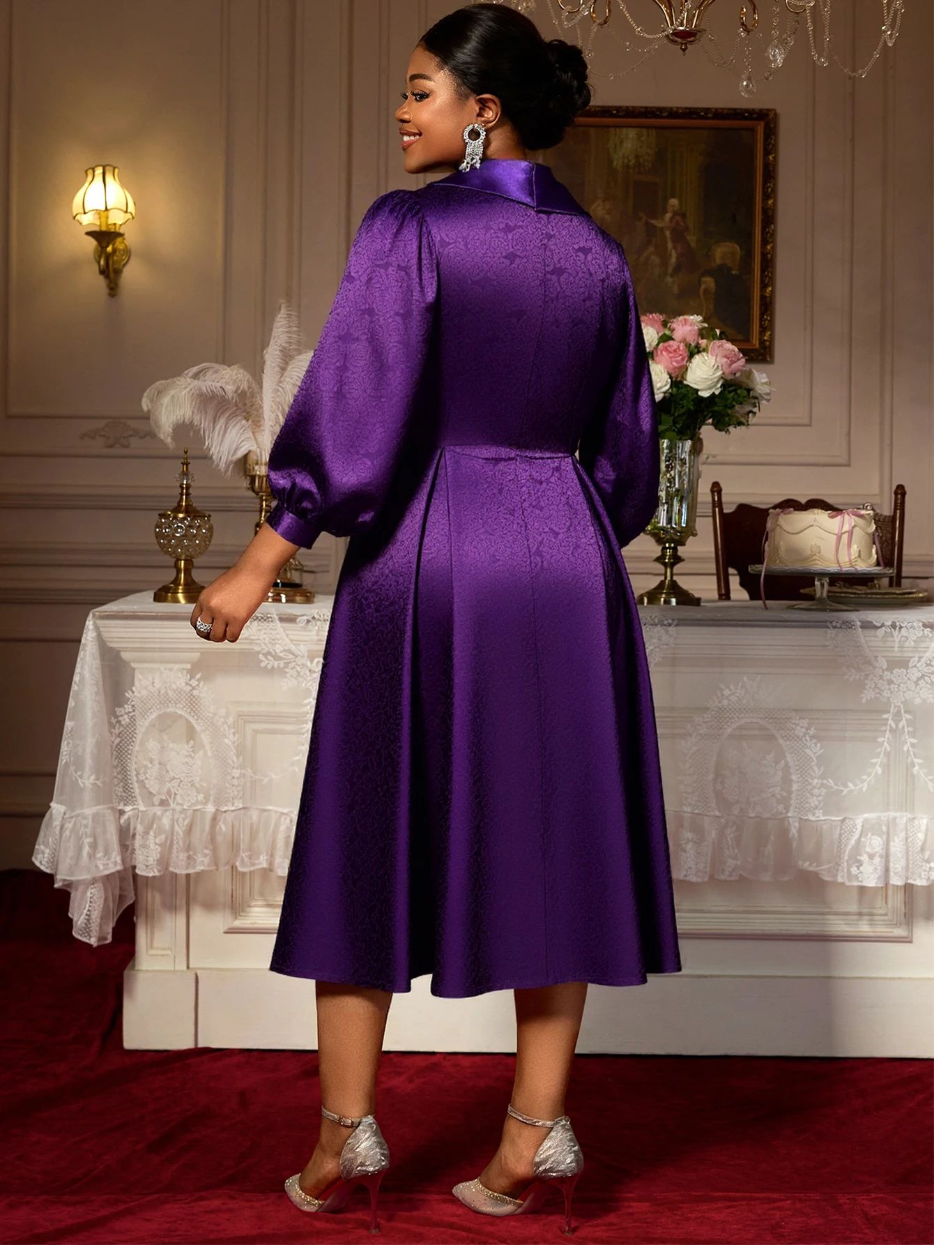 Luxury Shiny Jacquard Satin Midi Dress - Image 2