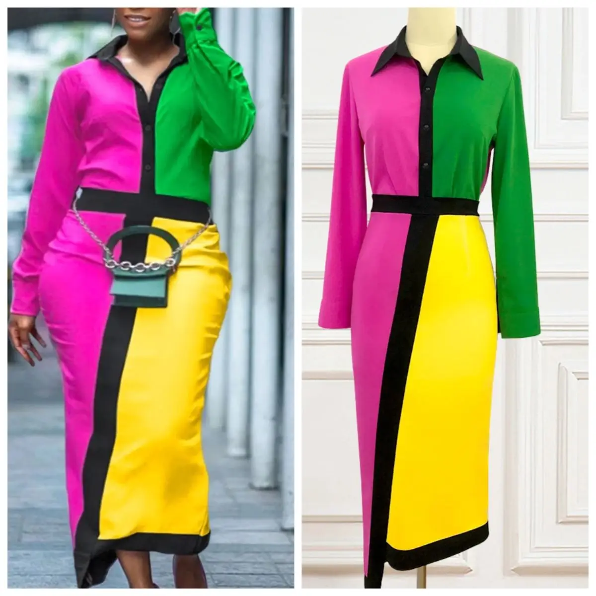 Elegant Color Block Shirt Dress with Long Sleeves