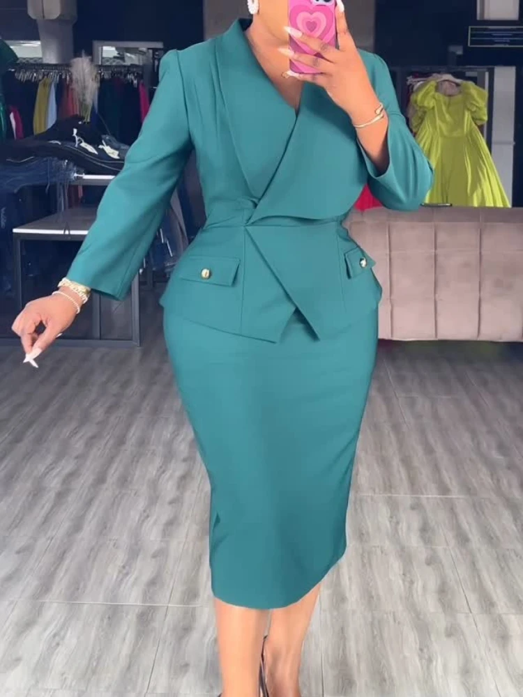 Elegant Peplum Church & Work Dress with Turn-Down Collar - Image 2