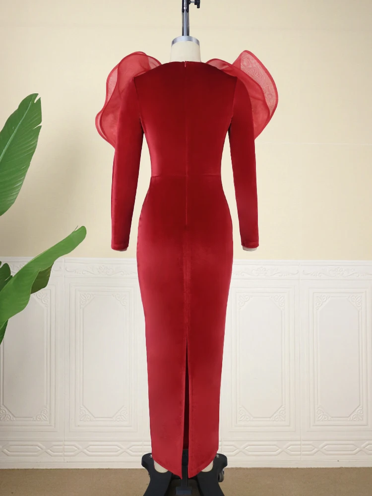 Red Velvet V-Neck Party Dress - Image 2