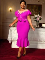 Elegant Rose Mermaid Beaded Dress with Ruffles