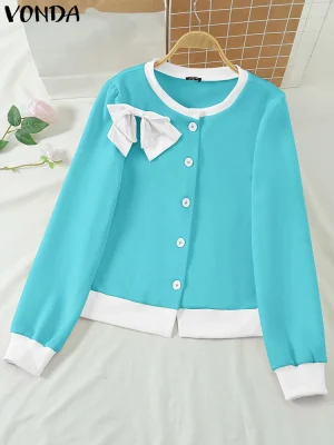 2025 Casual Loose Autumn Blouse – Bohemian Bow Tie & Splicing