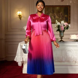 Elegant Satin Gradient A-Line Dress with Bow Collar