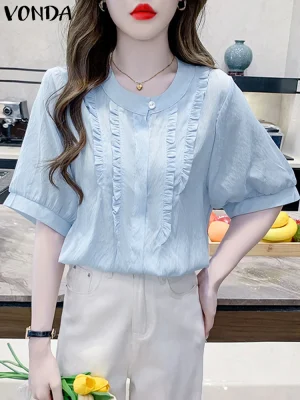 VONDA Women’s Ruffled O-Neck Blouse – Loose Short Sleeve Top