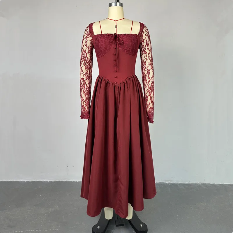 Elegant Vintage Long Dress – Lace Sleeves & Square Collar - Image 5