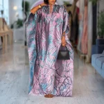 Women’s Modest Jacquard Satin Bubu Dress – V-Neck, Half Sleeve, Diamond Detail