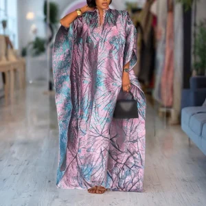 Women’s Modest Jacquard Satin Bubu Dress – V-Neck, Half Sleeve, Diamond Detail