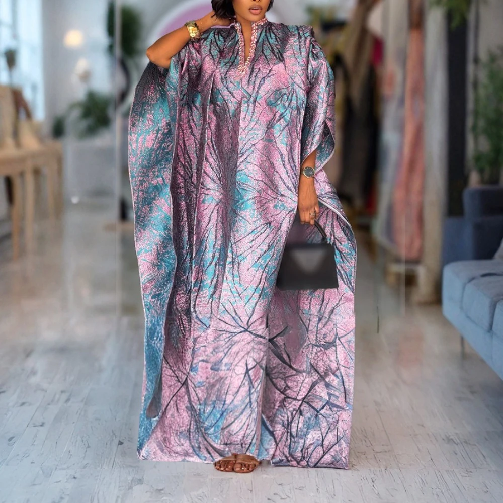 Women’s Modest Jacquard Satin Bubu Dress – V-Neck, Half Sleeve, Diamond Detail