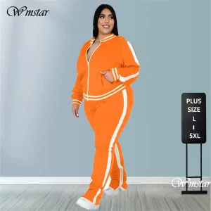 Plus Size L-5XL Striped Zip Top & Slit Jogger Sweatpants Set