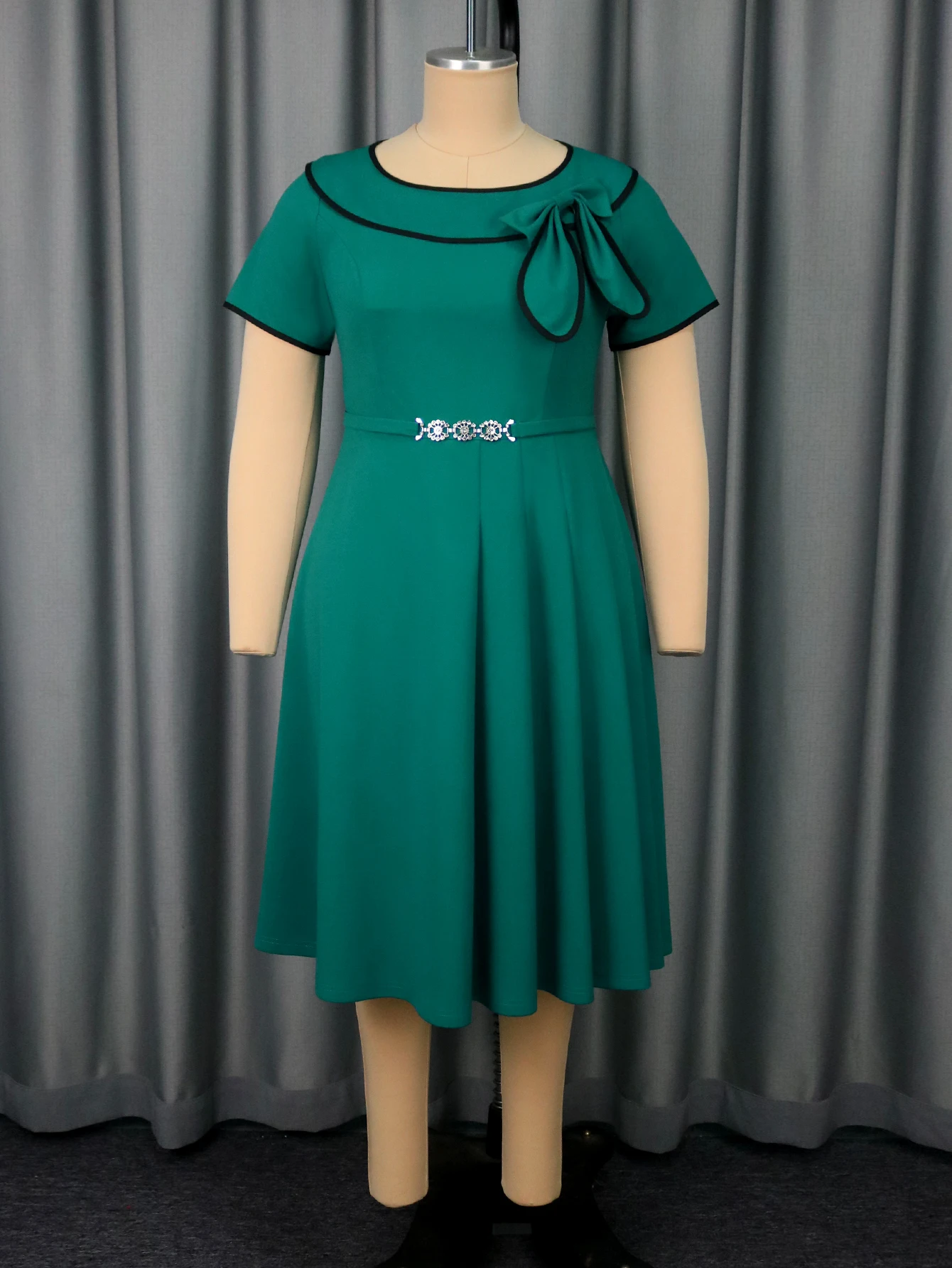 Elegant A-Line Midi Dress with Bow & Rhinestone Belt - Image 4