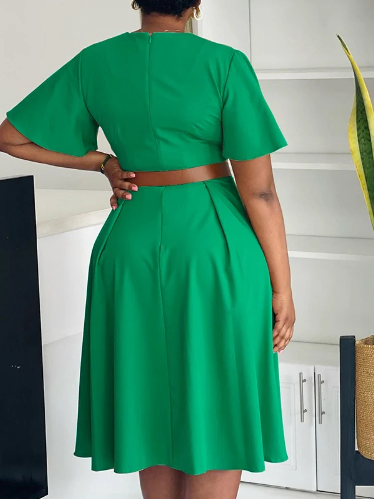 2025 Elegant A-Line Midi Dress – V-Neck, Belted Waist, Flare Sleeves - Image 2