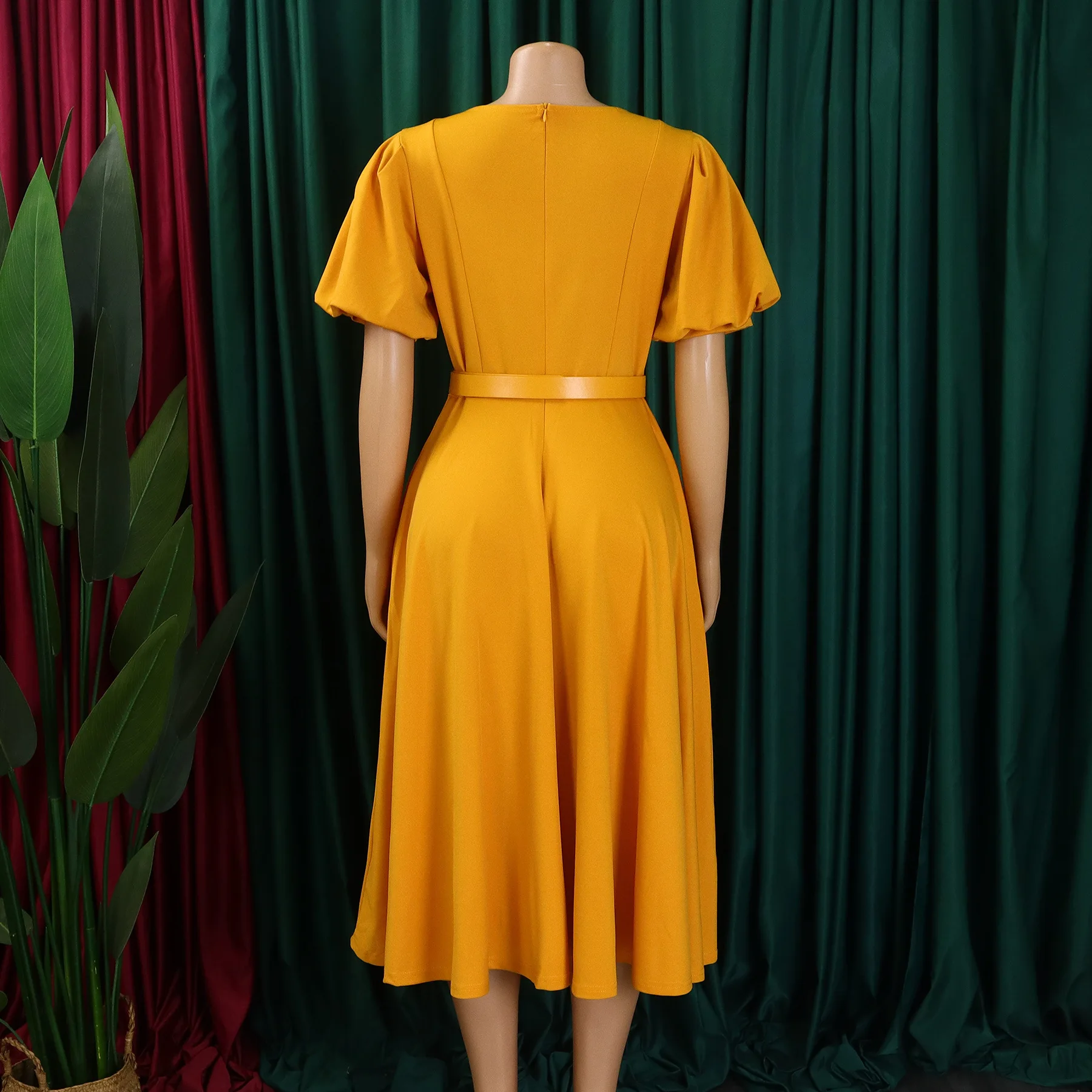 Elegant A-Line Midi Dress – O-Neck, Puff Sleeves, Belted Waist - Image 3