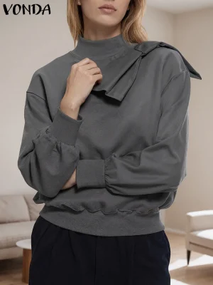 2025 VONDA Plus Size Autumn Sweatshirt – Bow & Stand Collar
