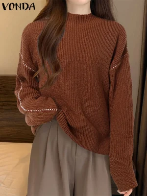 VONDA Women’s Turtleneck Knit Sweater – Autumn Winter Pullover