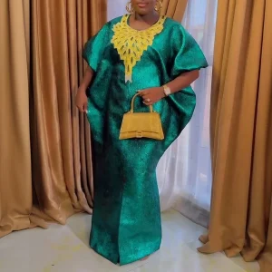 Women’s Green Satin Modest Bubu Dress – O-Neck, Half Sleeve, Diamond Detail