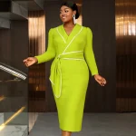 Elegant Midi Dress with Turn-Down Collar & White Piping