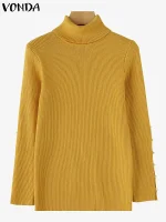 VONDA Women’s High Neck Knit Sweater – Autumn Casual Pullover