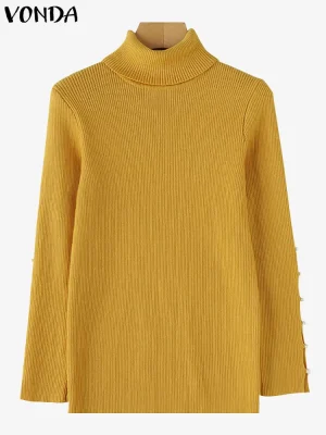 VONDA Women’s High Neck Knit Sweater – Autumn Casual Pullover