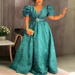 Women’s Luxury Embroidered A-Line Evening Dress with Puff Sleeves