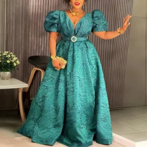 Women’s Luxury Embroidered A-Line Evening Dress with Puff Sleeves