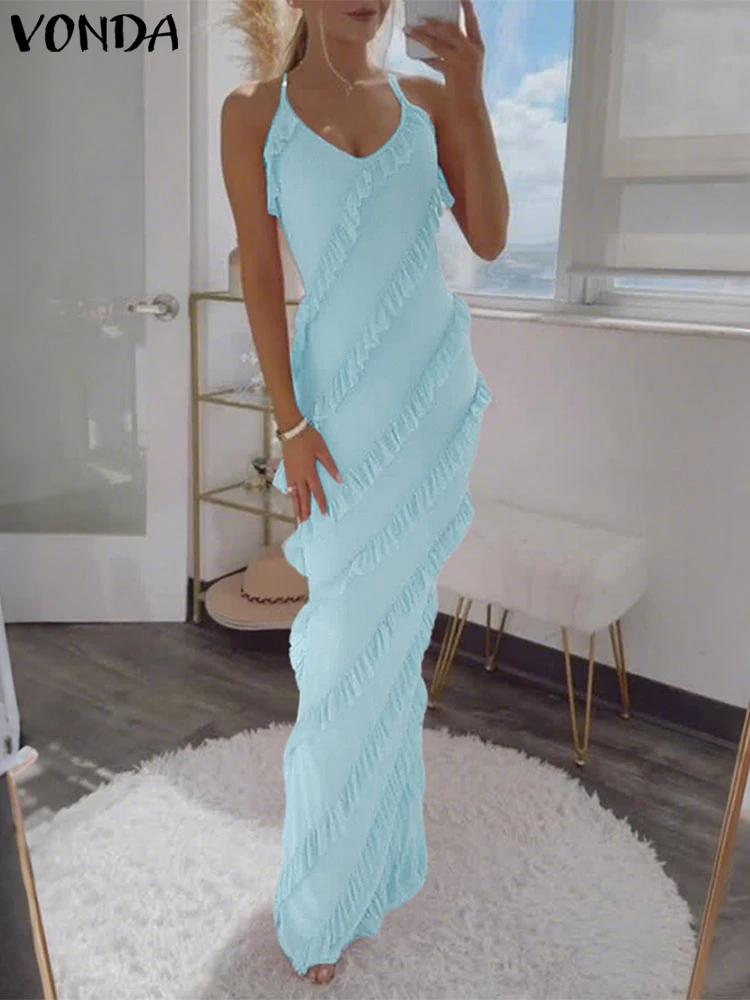 2025 VONDA Sleeveless V-Neck Evening Dress – Solid Color Sundress - Image 2